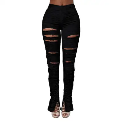 S-2XL Fashion Solid Color Ripped Crease Split-hem Flared Trousers