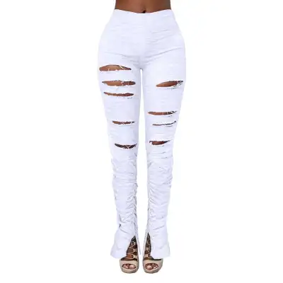S-2XL Fashion Solid Color Ripped Crease Split-hem Flared Trousers