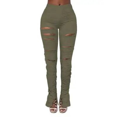 S-2XL Fashion Solid Color Ripped Crease Split-hem Flared Trousers