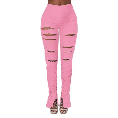 S-2XL Fashion Solid Color Ripped Crease Split-hem Flared Trousers