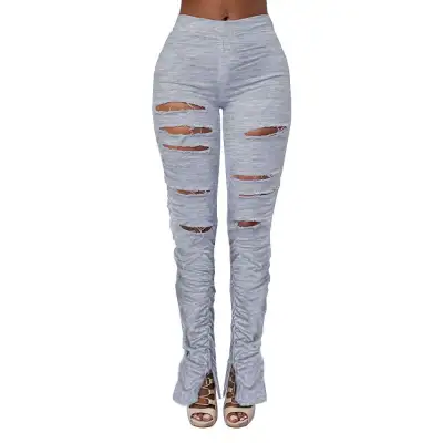 S-2XL Fashion Solid Color Ripped Crease Split-hem Flared Trousers