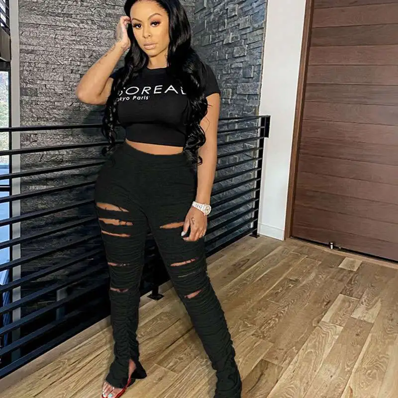 S-2XL Fashion Solid Color Ripped Crease Split-hem Flared Trousers