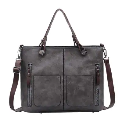 Simple Retro PU Large Capacity Shoulder Bag Tote with Zipper Leisure Style