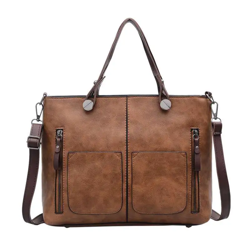Simple Retro PU Large Capacity Shoulder Bag Tote with Zipper Leisure Style
