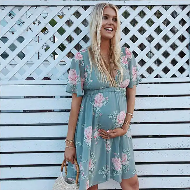 Chiffon Floral Print Short Sleeve Stretch Maternity Dress