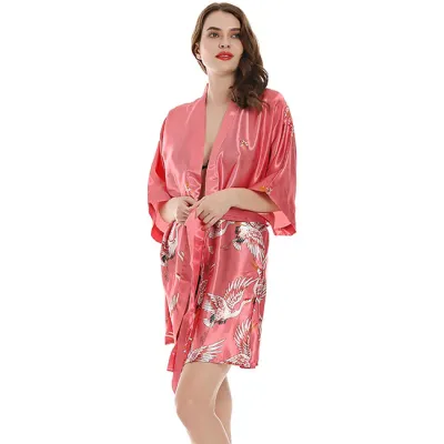 Women Silk Crane Printing Long-sleeve Night-robe