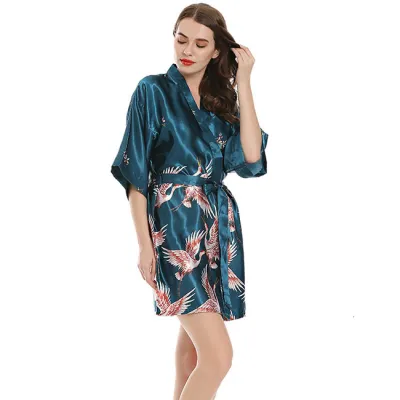 Women Silk Crane Printing Long-sleeve Night-robe