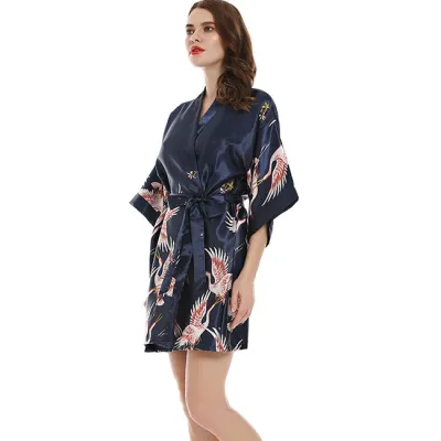 Women Silk Crane Printing Long-sleeve Night-robe