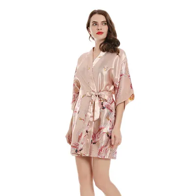 Women Silk Crane Printing Long-sleeve Night-robe