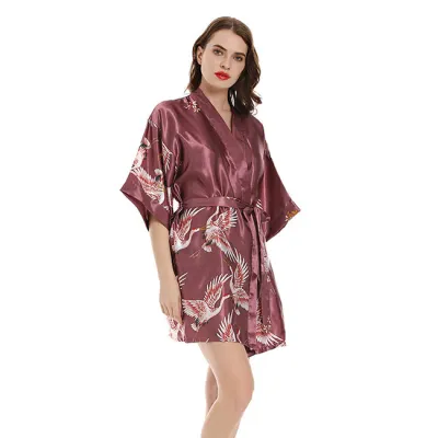 Women Silk Crane Printing Long-sleeve Night-robe