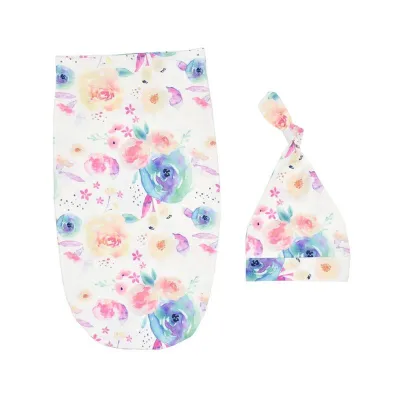 2 Pcs Set Newborn Cartoon Print Swaddle Wrap And Hat Cocoon Blended Polyester Cotton 0-3M
