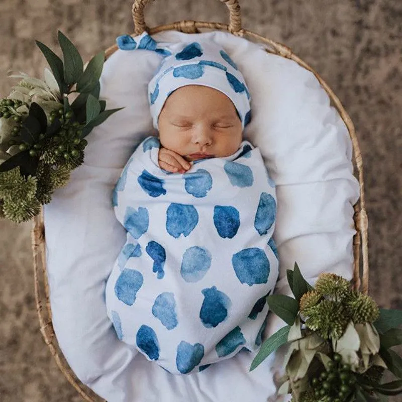 2 Pcs Set Newborn Cartoon Print Swaddle Wrap And Hat Cocoon Blended Polyester Cotton 0-3M