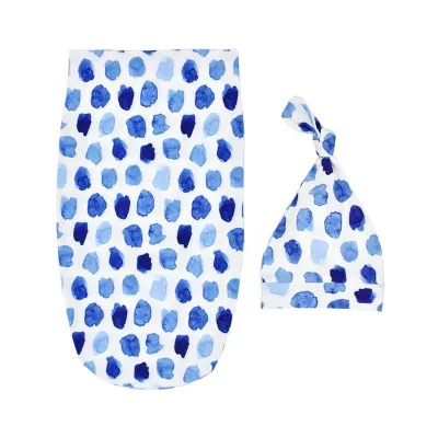 2 Pcs Set Newborn Cartoon Print Swaddle Wrap And Hat Cocoon Blended Polyester Cotton 0-3M