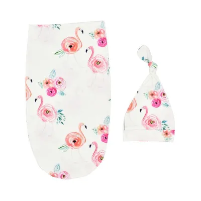 2 Pcs Set Newborn Cartoon Print Swaddle Wrap And Hat Cocoon Blended Polyester Cotton 0-3M