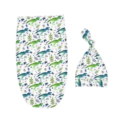 2 Pcs Set Newborn Cartoon Print Swaddle Wrap And Hat Cocoon Blended Polyester Cotton 0-3M