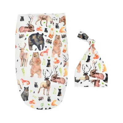 2 Pcs Set Newborn Cartoon Print Swaddle Wrap And Hat Cocoon Blended Polyester Cotton 0-3M