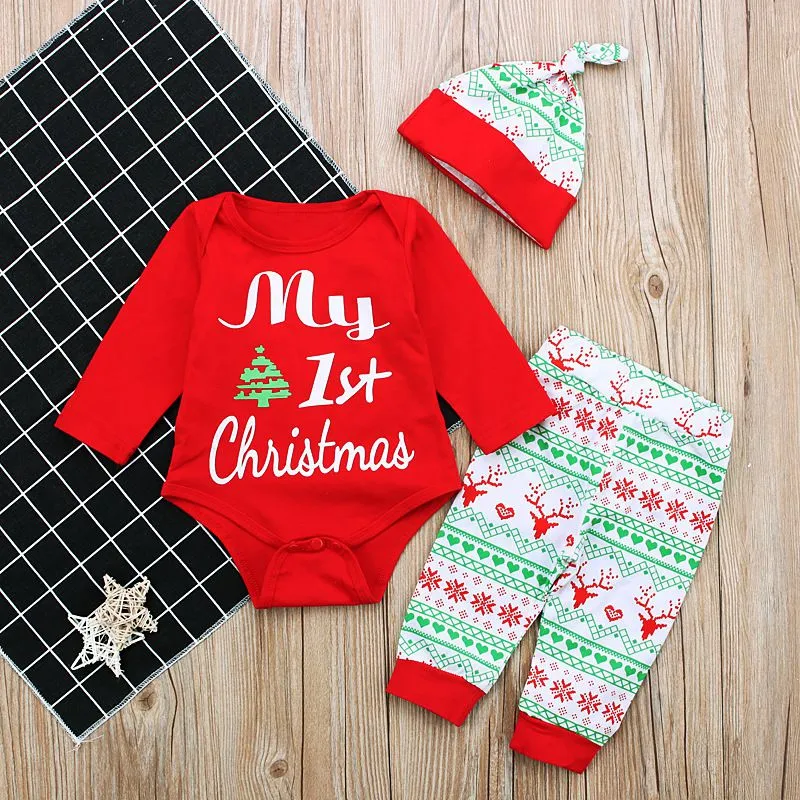 Baby Infant 3 Pcs Christmas Set Long Sleeve Bodysuit Pants Hat