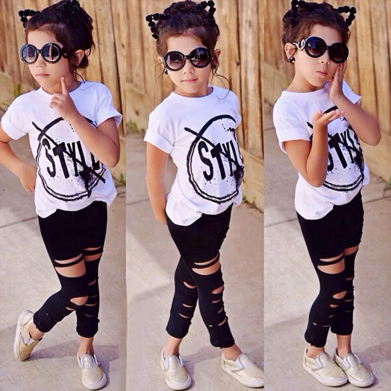 2 Pcs Casual Set for Baby Girl Short Sleeve Tee and Ripped Pants