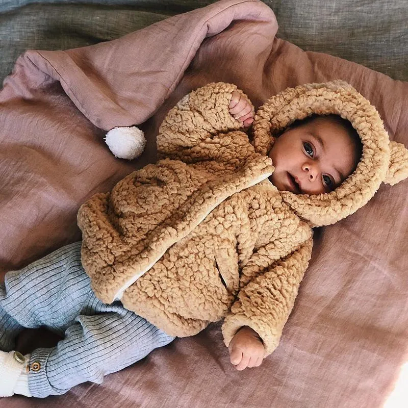 Cute Baby Pure Color Plush Bear Pattern Warm Long Sleeve Outwear