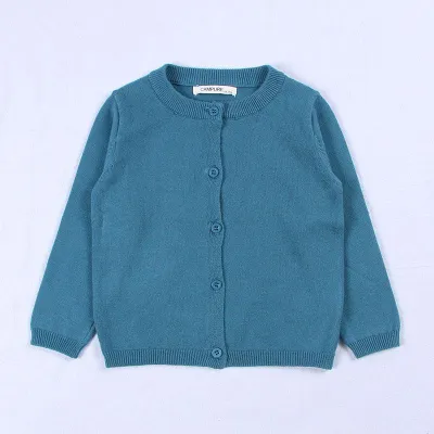 Baby Kid Solid Color Button Design Knitwear Long Sleeves Cotton Crew Neck Top