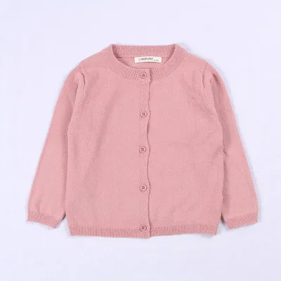 Baby Kid Solid Color Button Design Knitwear Long Sleeves Cotton Crew Neck Top