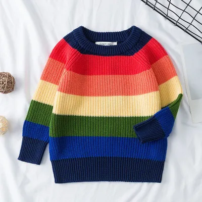 Winter Fashion Baby Girl Rainbow Color Long Sleeves Knitted Cotton Sweater Pullover for Kids 0-3T
