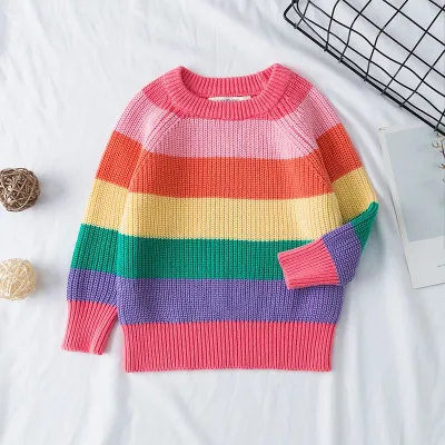 Winter Fashion Baby Girl Rainbow Color Long Sleeves Knitted Cotton Sweater Pullover for Kids 0-3T