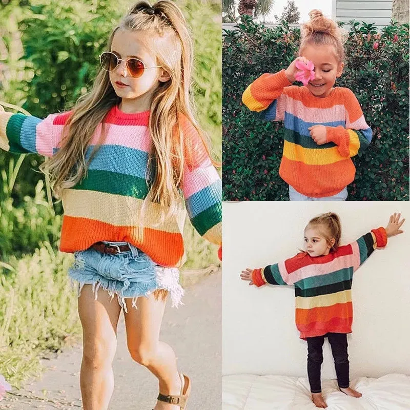 Winter Fashion Baby Girl Rainbow Color Long Sleeves Knitted Cotton Sweater Pullover for Kids 0-3T