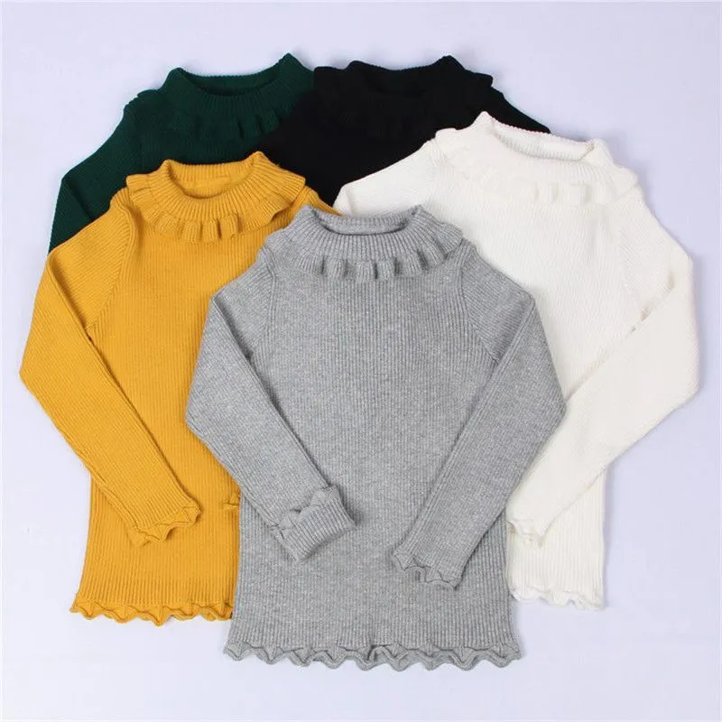 Wholesale Baby Girl Ruffle Design Soft Knitted Pullover Sweater Long Sleeve Turtle Neck Cotton Solid Color 1-5T