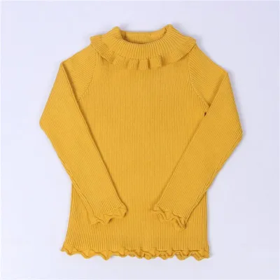 Wholesale Baby Girl Ruffle Design Soft Knitted Pullover Sweater Long Sleeve Turtle Neck Cotton Solid Color 1-5T