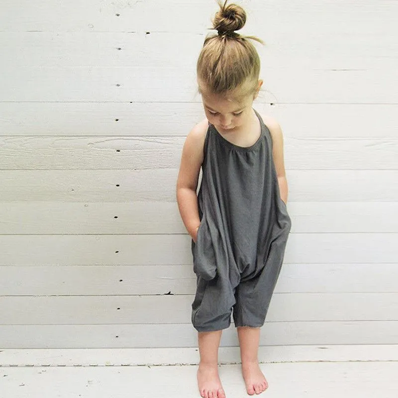Fashion Solid Color Lace-up Sleeveless Cotton Jumpsuit for Baby Girls 0-3T