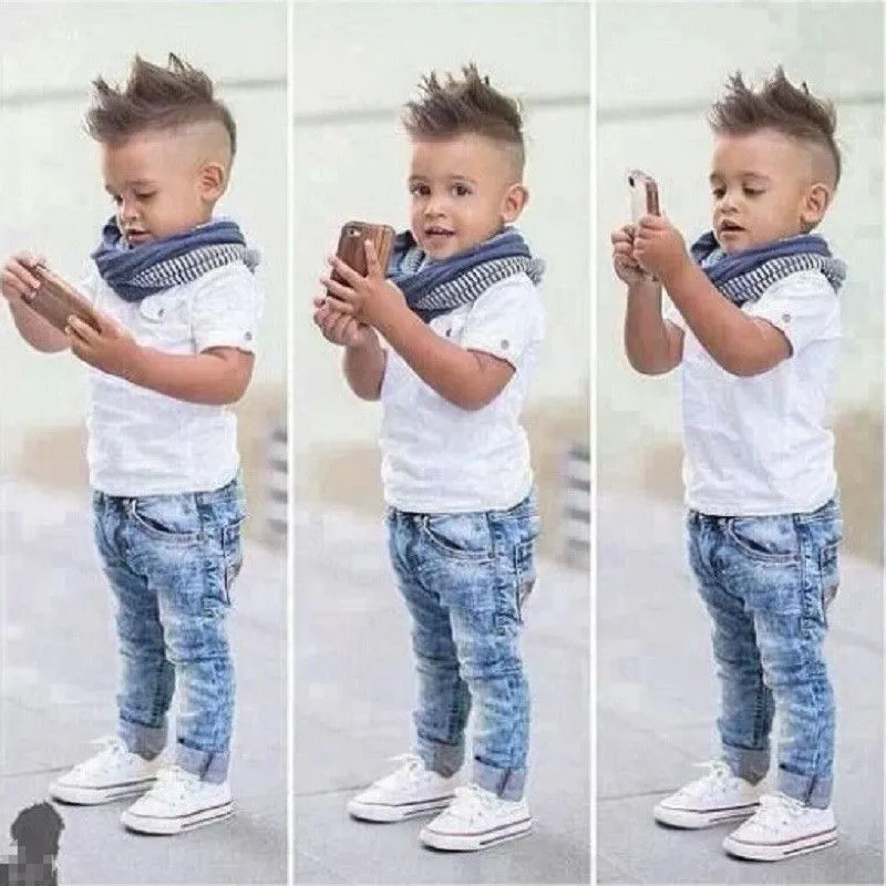 Fashion Boys Shirt And Denim Jeans With Scarf 3 Piece Set Personality Cotton Short Sleeve Solid Color Pullover Long Pants Suit