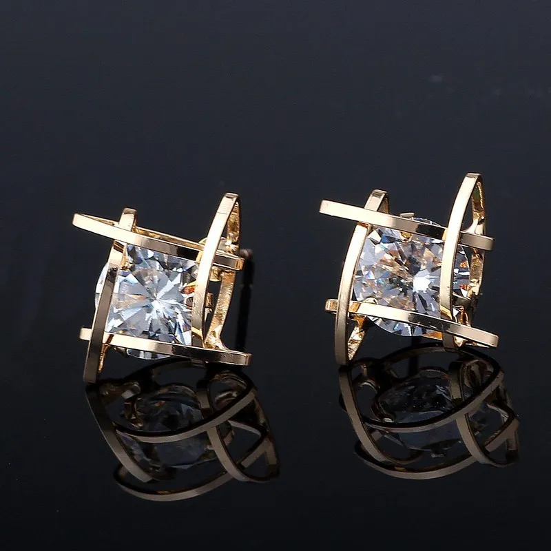 Fashion Women Shiny Crystal Unique Geometric Square Stud Earrings