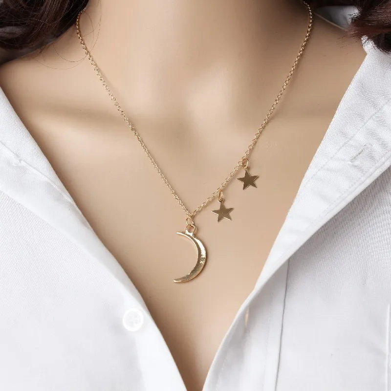 Simple Women Golden Slim Chain Stars Moon Pendant Necklace