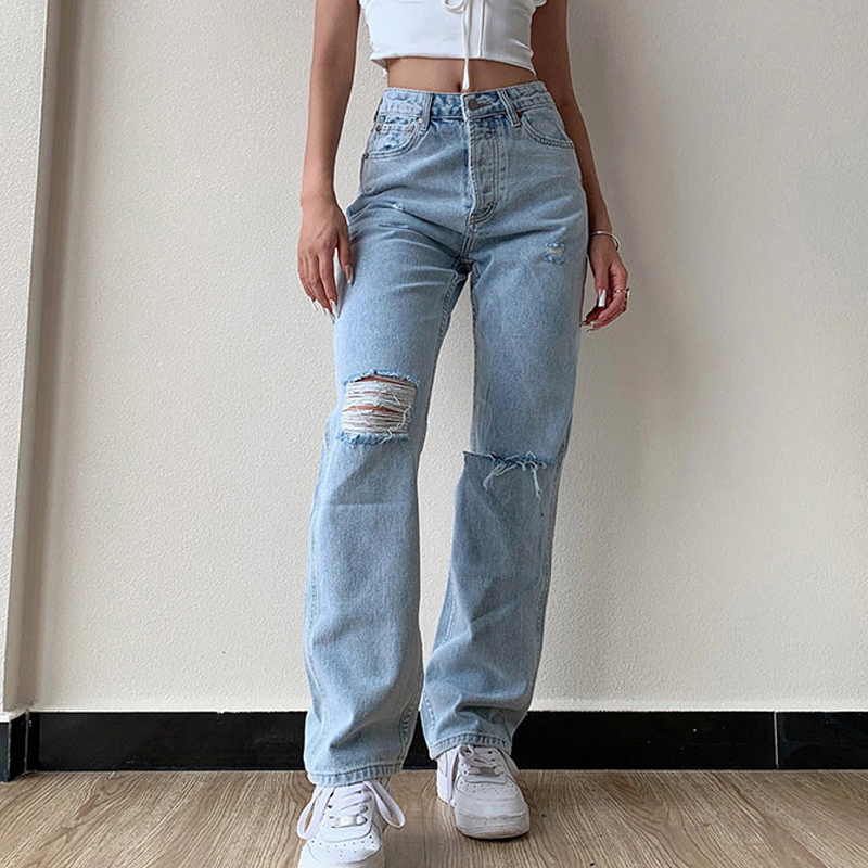 Wholesale S-XL Women High Waist Mom Ripped Jeans Straight Denim Pants