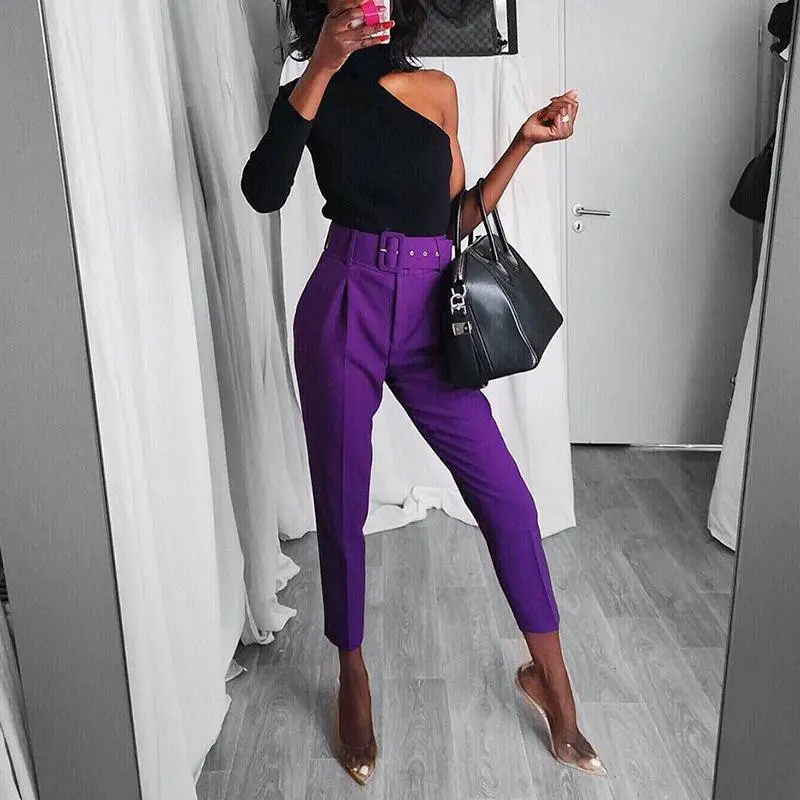 XS-L Women High Waist Straight Pants With Sashes Pockets Polyester Office Commuting