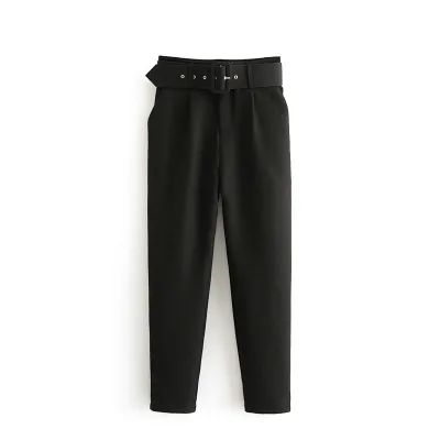 XS-L Women High Waist Straight Pants With Sashes Pockets Polyester Office Commuting