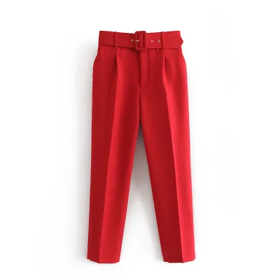 XS-L Women High Waist Straight Pants With Sashes Pockets Polyester Office Commuting