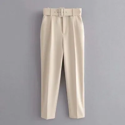 XS-L Women High Waist Straight Pants With Sashes Pockets Polyester Office Commuting