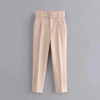 XS-L Women High Waist Straight Pants With Sashes Pockets Polyester Office Commuting