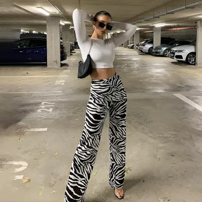 S-L Women High Waist Zebra Print Wide Leg Pants
