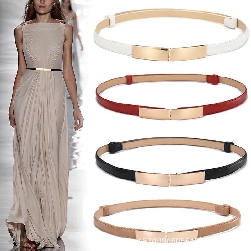 Women Thin Skinny Metal Gold Elastic Buckle Genuine Leather Belt