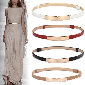 Women Thin Skinny Metal Gold Elastic Buckle Genuine Leather Belt