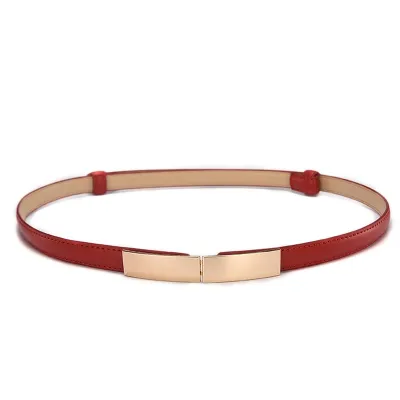 Women Thin Skinny Metal Gold Elastic Buckle Genuine Leather Belt