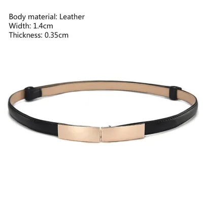 Women Thin Skinny Metal Gold Elastic Buckle Genuine Leather Belt