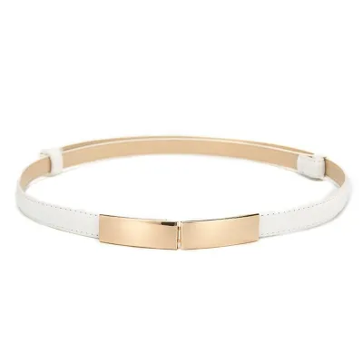 Women Thin Skinny Metal Gold Elastic Buckle Genuine Leather Belt