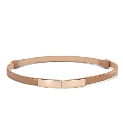 Women Thin Skinny Metal Gold Elastic Buckle Genuine Leather Belt