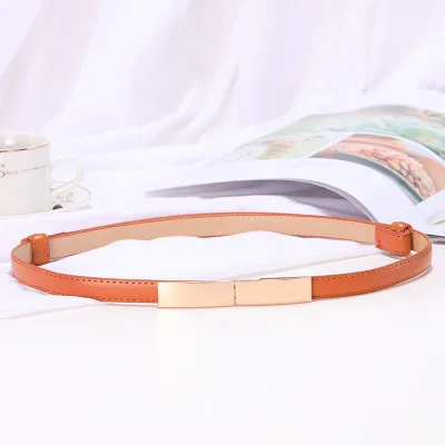 Women Thin Skinny Metal Gold Elastic Buckle Genuine Leather Belt