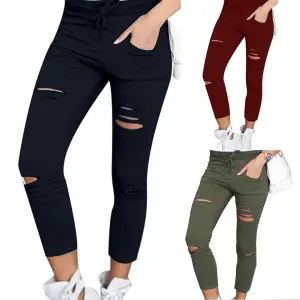 S-4XL Plus Size Women Solid Color Drawstring High Waist Pencil Pants Ripped Skinny Leggings