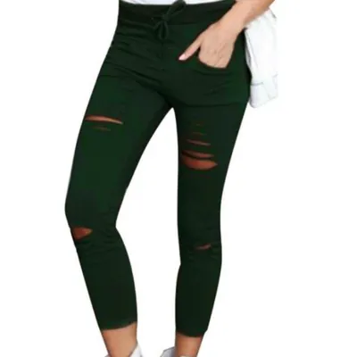 S-4XL Plus Size Women Solid Color Drawstring High Waist Pencil Pants Ripped Skinny Leggings